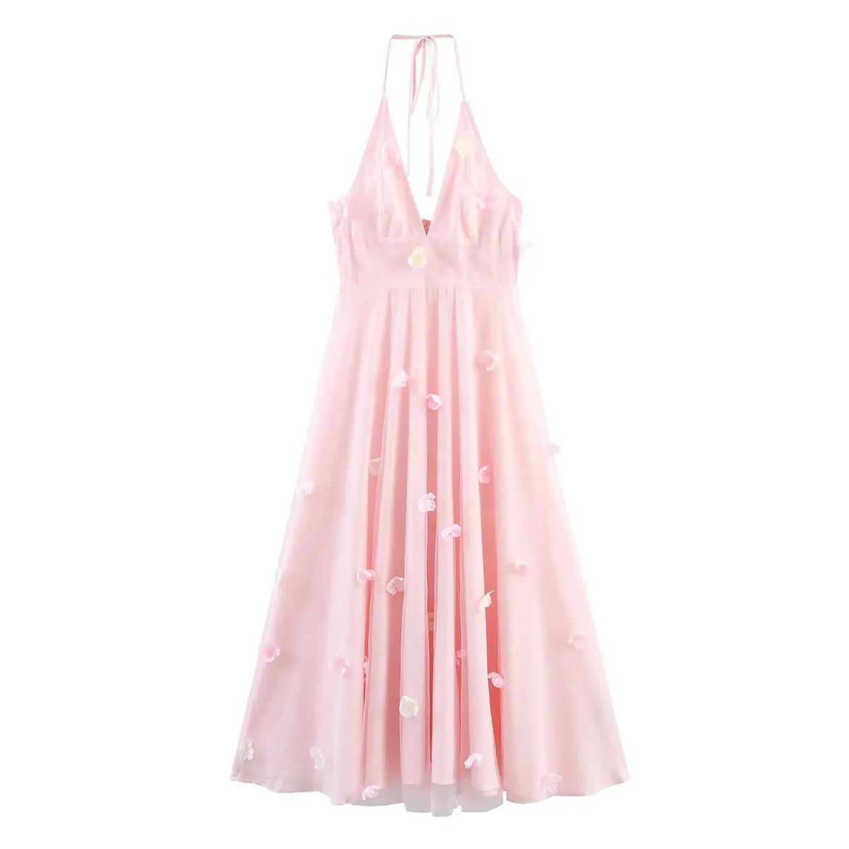 Front full view of pink halter maxi dress with 3d flower applique