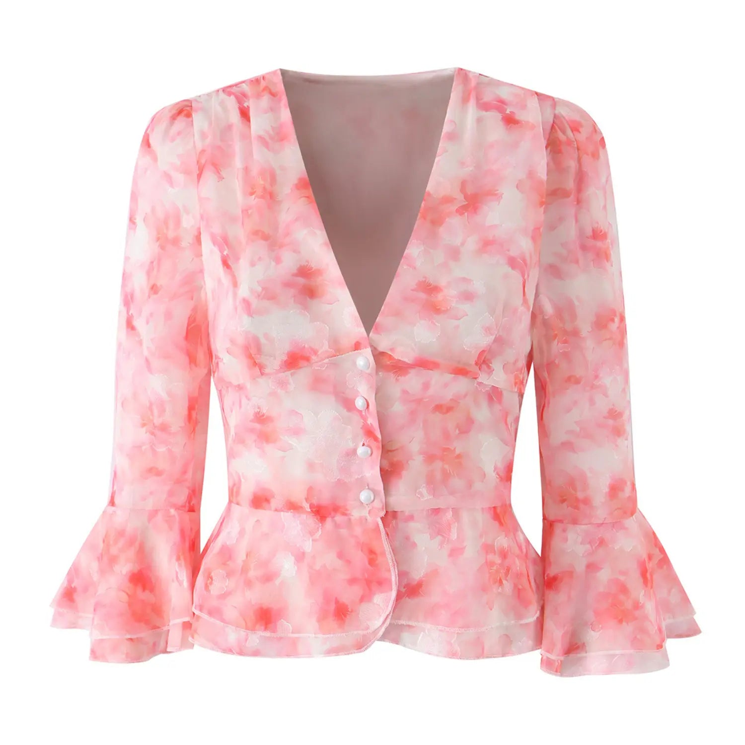 Studio flat front view pink floral chiffon cropped peplum blouse, v‑neck, vertical pearl button placket, ruffled peplum hem