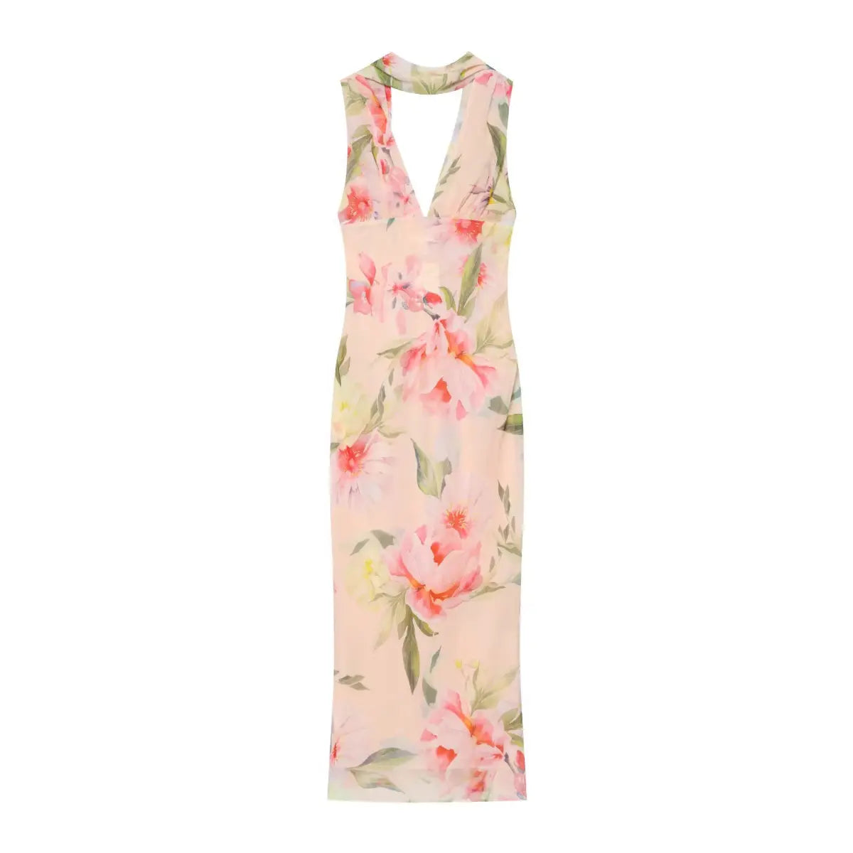 Back full view of pink floral print halter neck maxi dress with halter tie