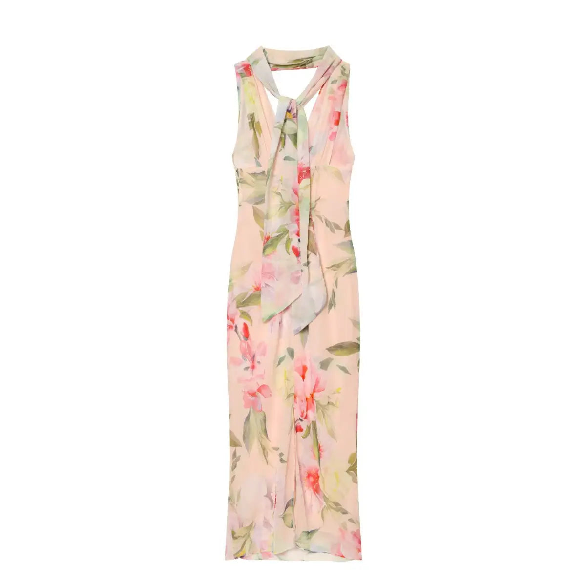 Front full view of pink floral print halter neck maxi dress with back tie detail