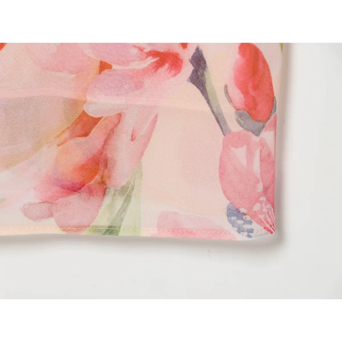 Macro close‑up of soft watercolor pink floral print chiffon fabric