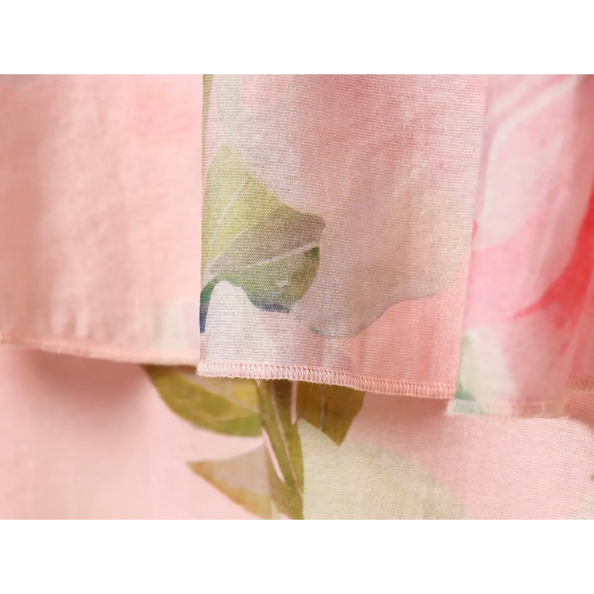 Macro close‑up of soft watercolor pink floral print fabric