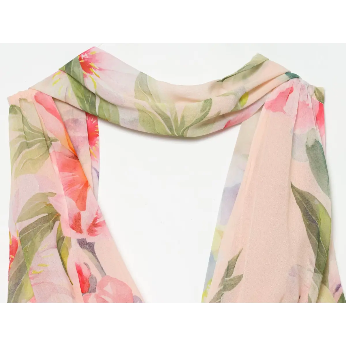 Side view close‑up of draped halter neck of pink floral maxi dress