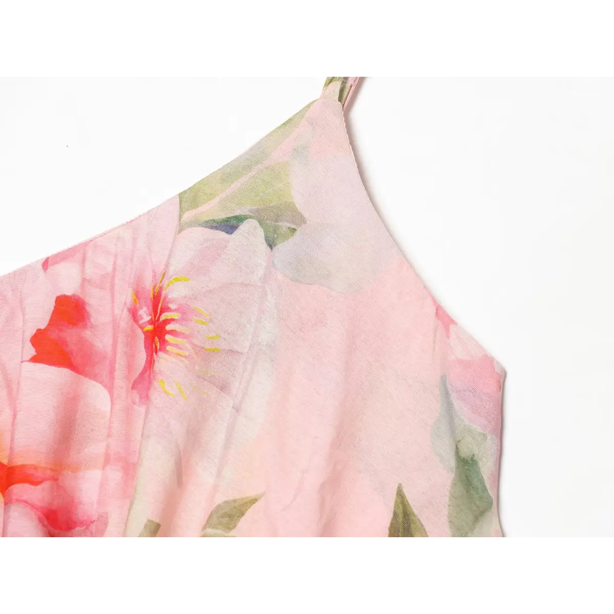 Close‑up of one‑shoulder fabric and watercolor floral print detail