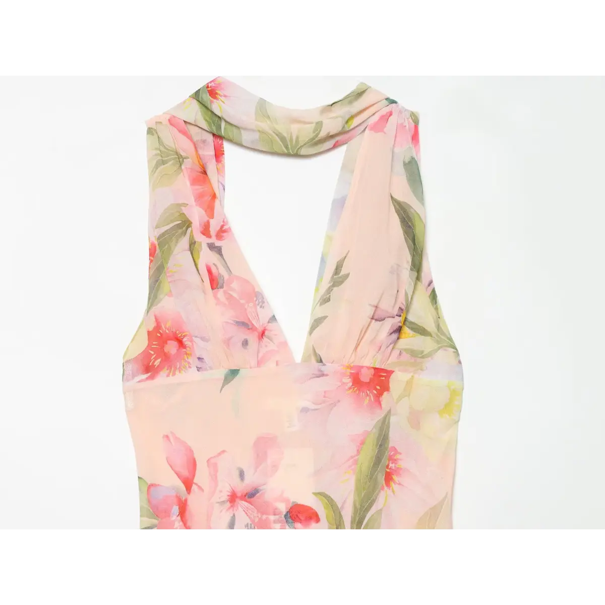 Close‑up of deep V‑neck front bodice on pink floral halter maxi dress