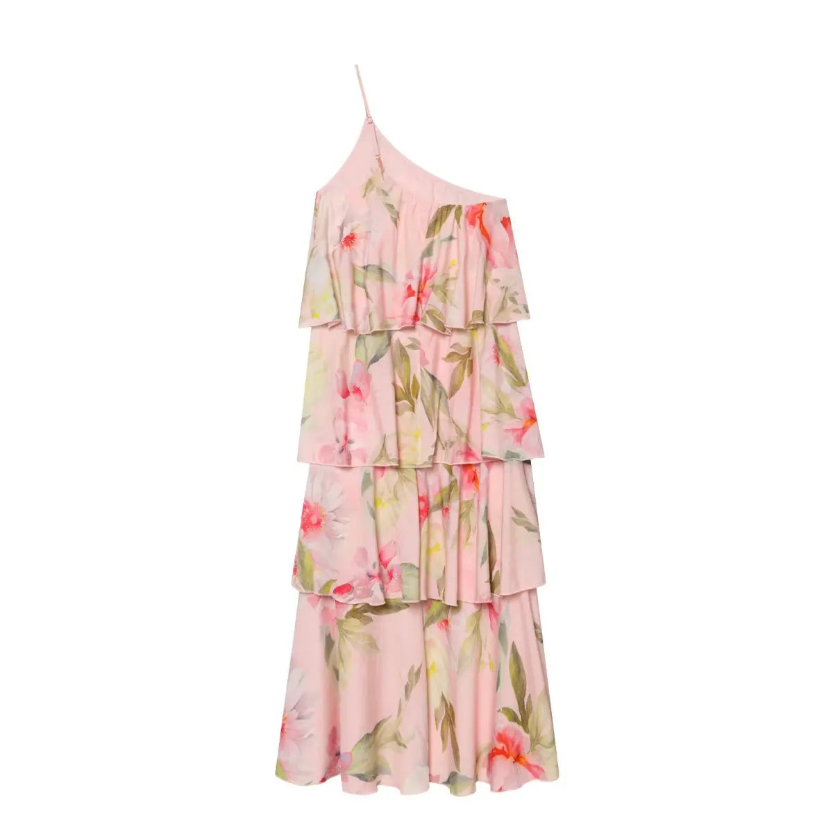 Back full view of pink floral one‑shoulder tiered ruffle maxi dress