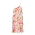 Front full view of pink floral one‑shoulder tiered ruffle maxi dress