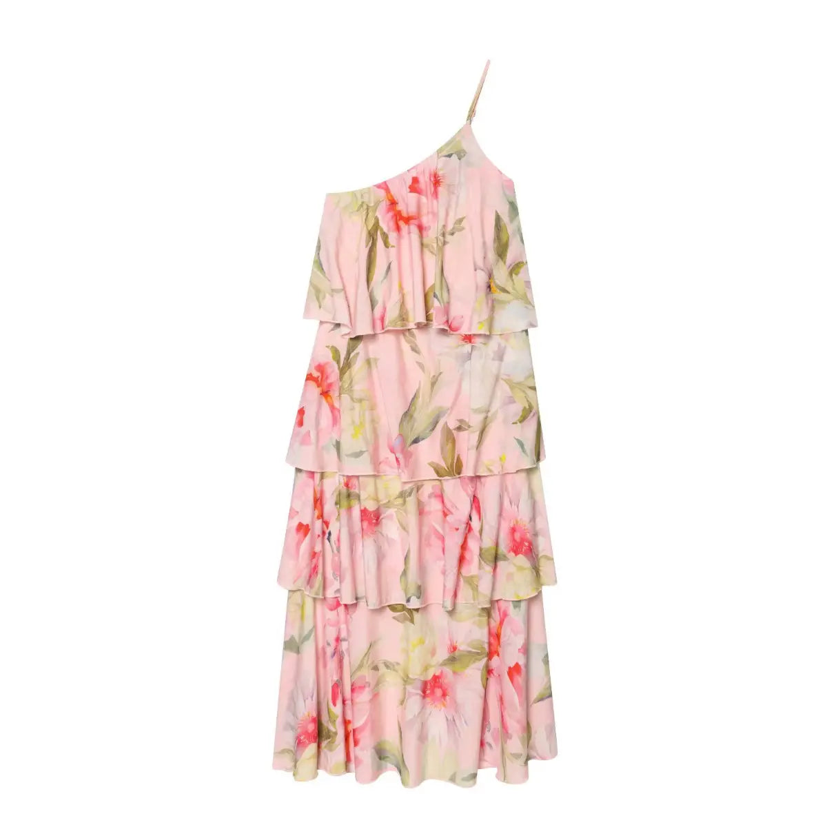 Front full view of pink floral one‑shoulder tiered ruffle maxi dress