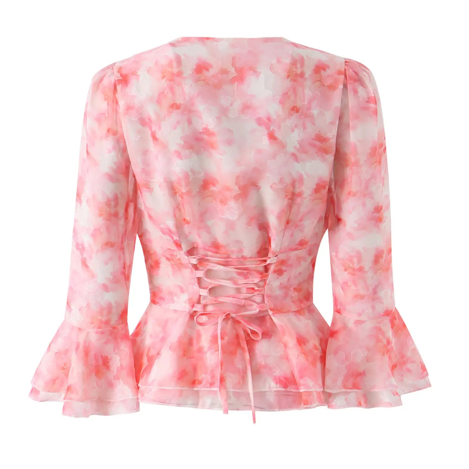 Studio flat back shot pink floral chiffon peplum blouse, full corset lace‑up back, bell flare sleeves, white background