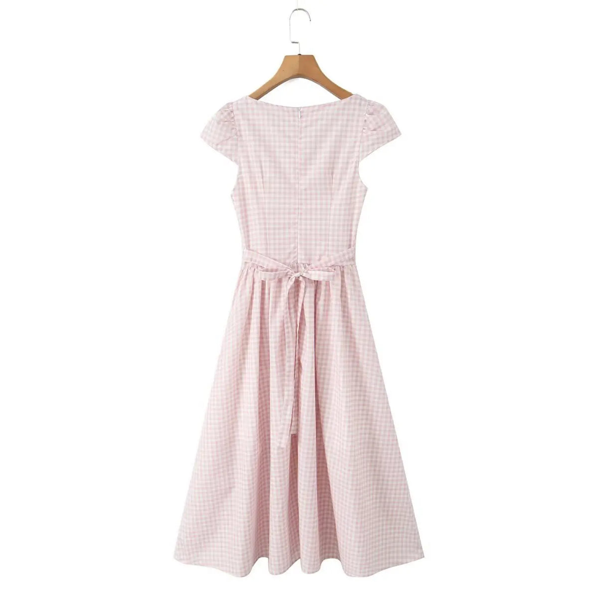 Back view on wooden hanger of pink gingham cap sleeve maxi dress with back tie bow and invisible zipper