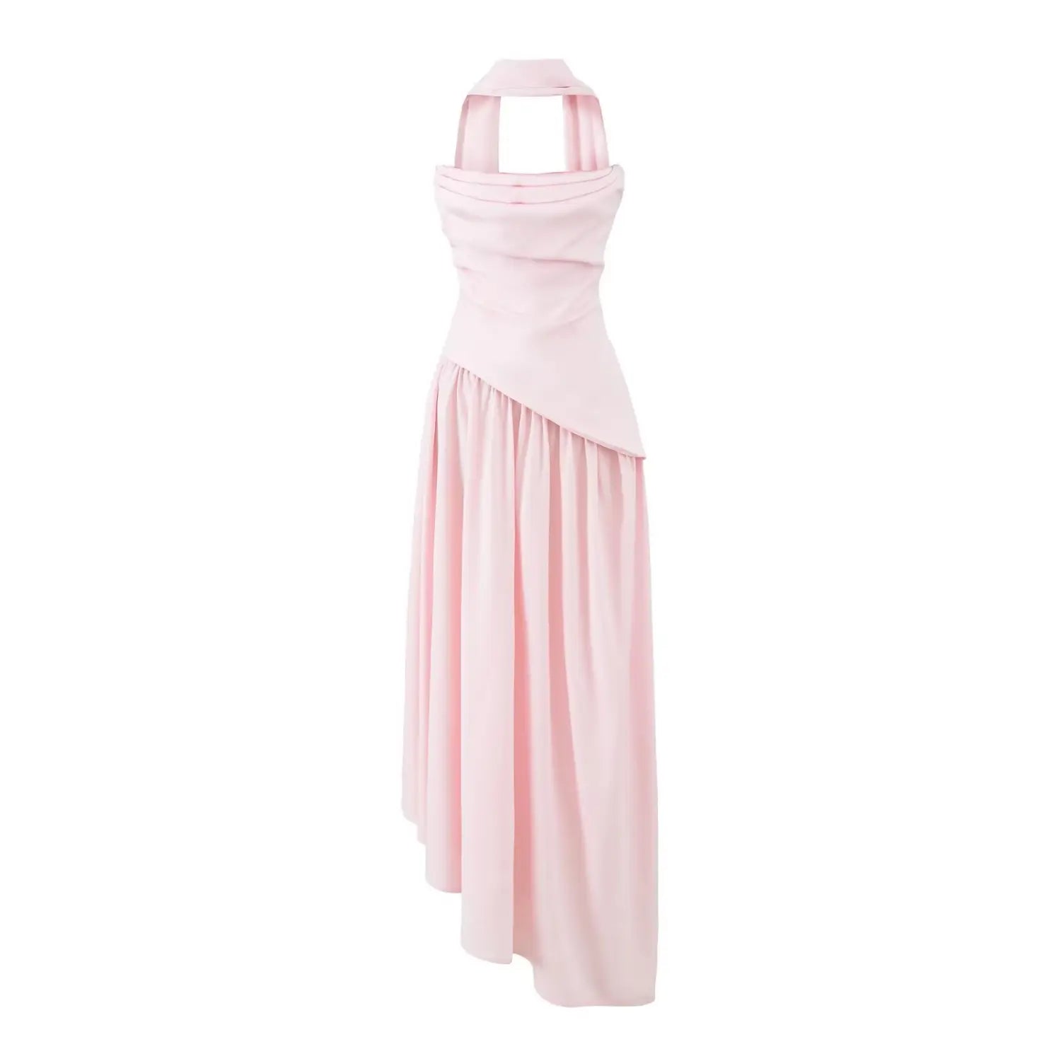 Front view of pink halter asymmetrical pleated maxi dress with matching sash
