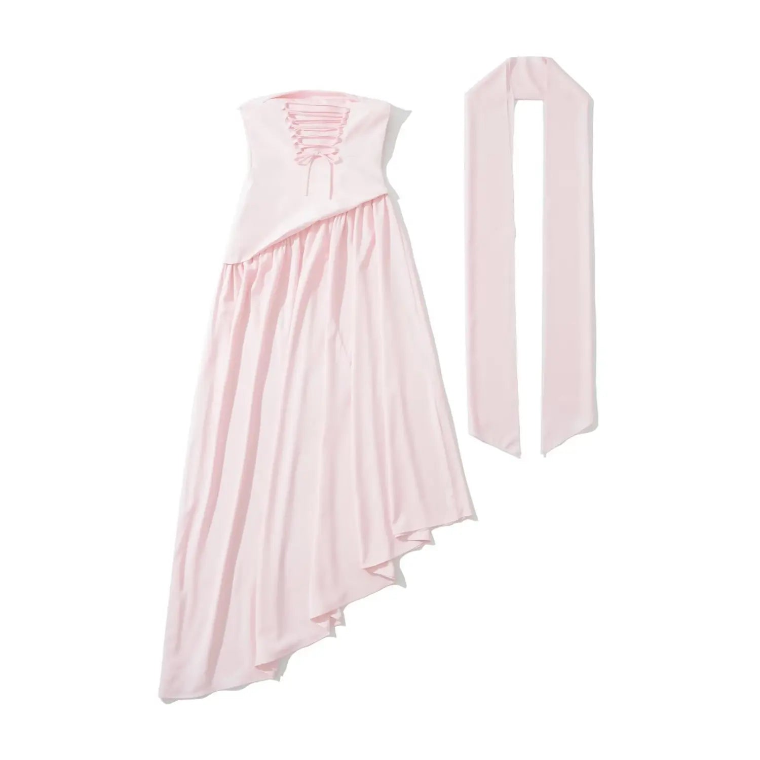 Back flat view of pink asymmetrical maxi dress laid out with matching long sash