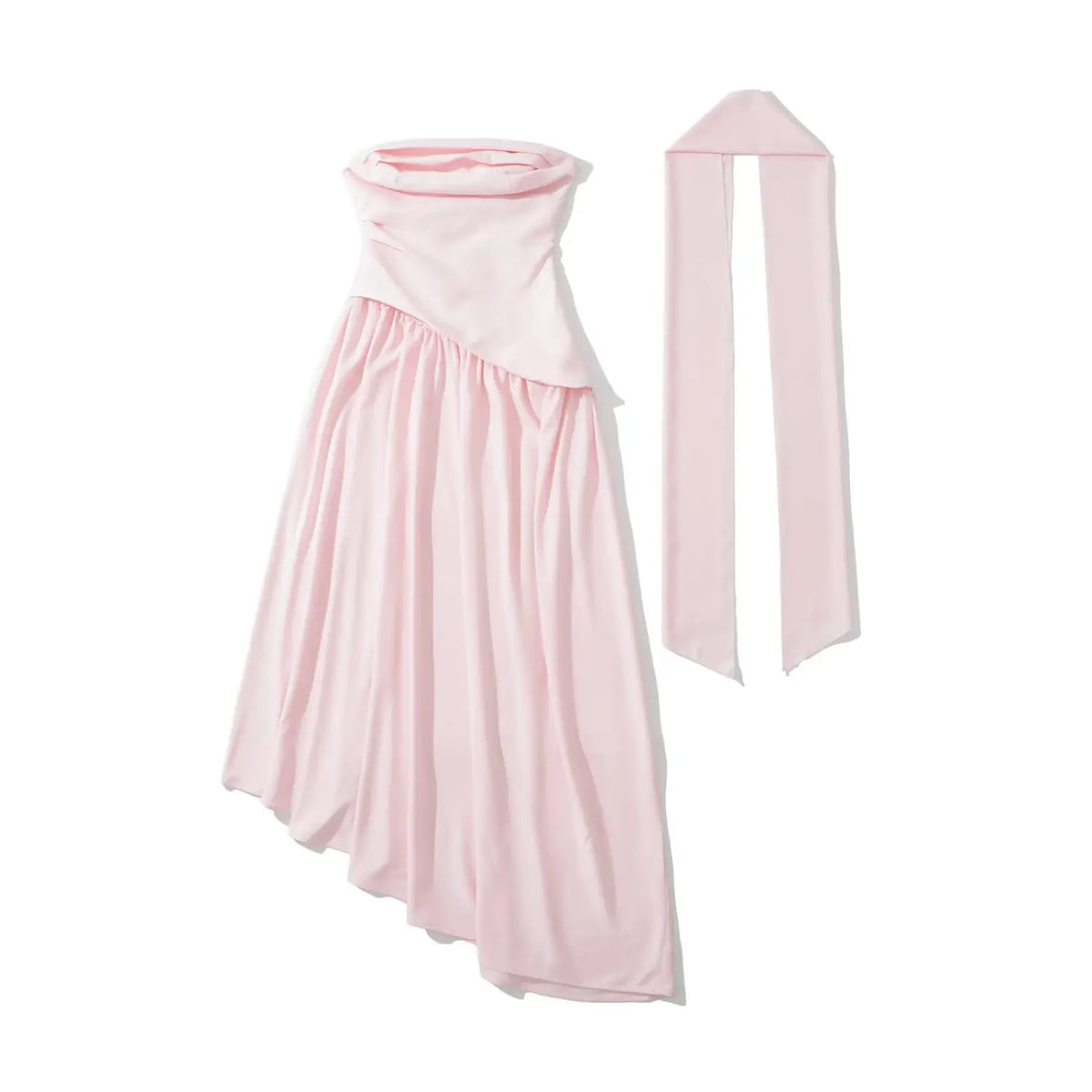 Angled flat front view of pink halter maxi dress together with matching sash