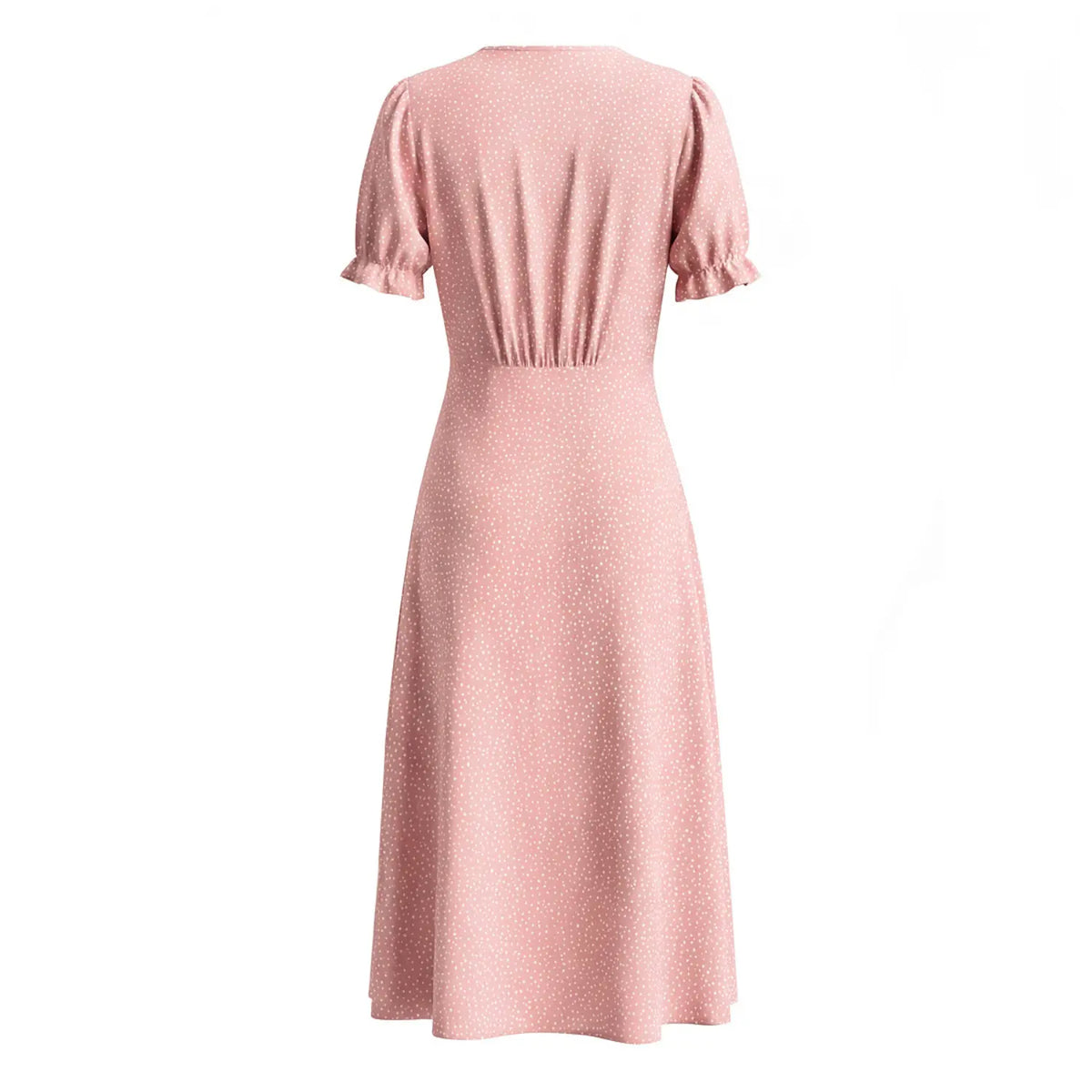 Back full view of pink white polka dot lace trim puff sleeve maxi dress
