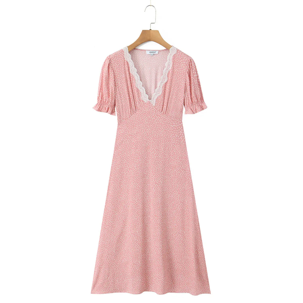 Dress on wooden hanger, front view pink polka dot lace v‑neck maxi dress
