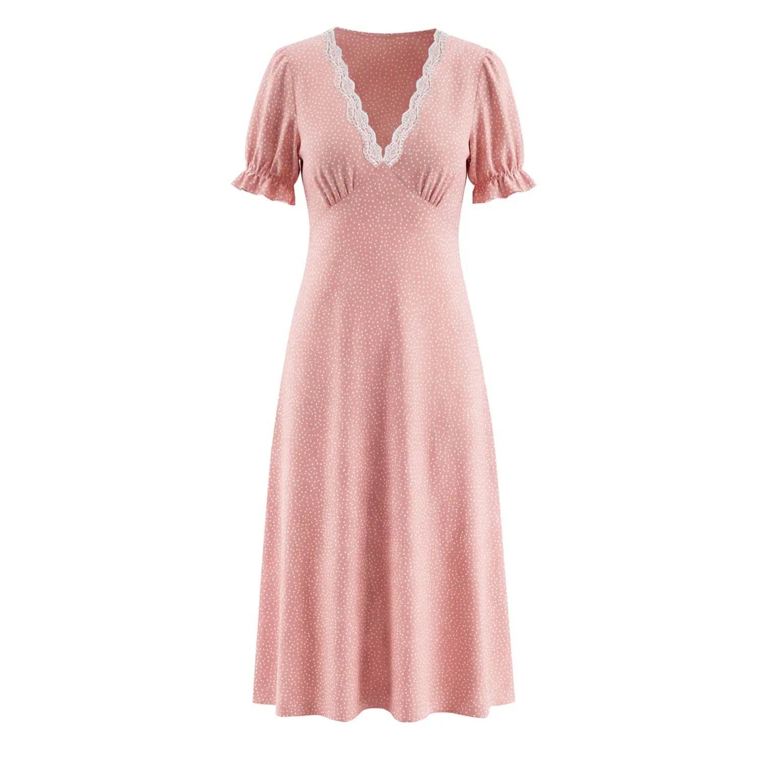 Front view of pink white polka dot maxi dress with lace v‑neck and short puff sleeves