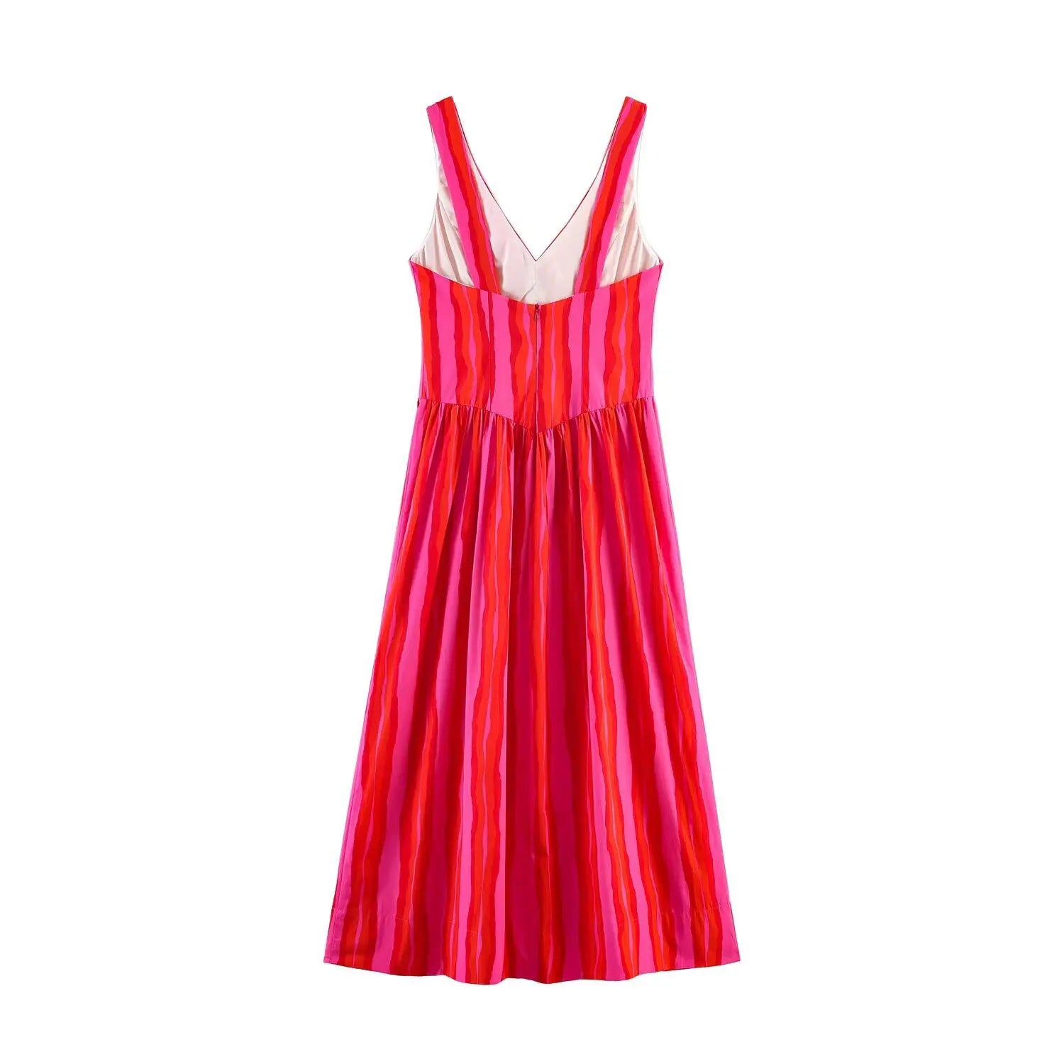 Back full view of pink red stripe cami maxi dress with lace‑up back detail