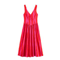 Front full view of pink red stripe cami maxi dress with v‑neck