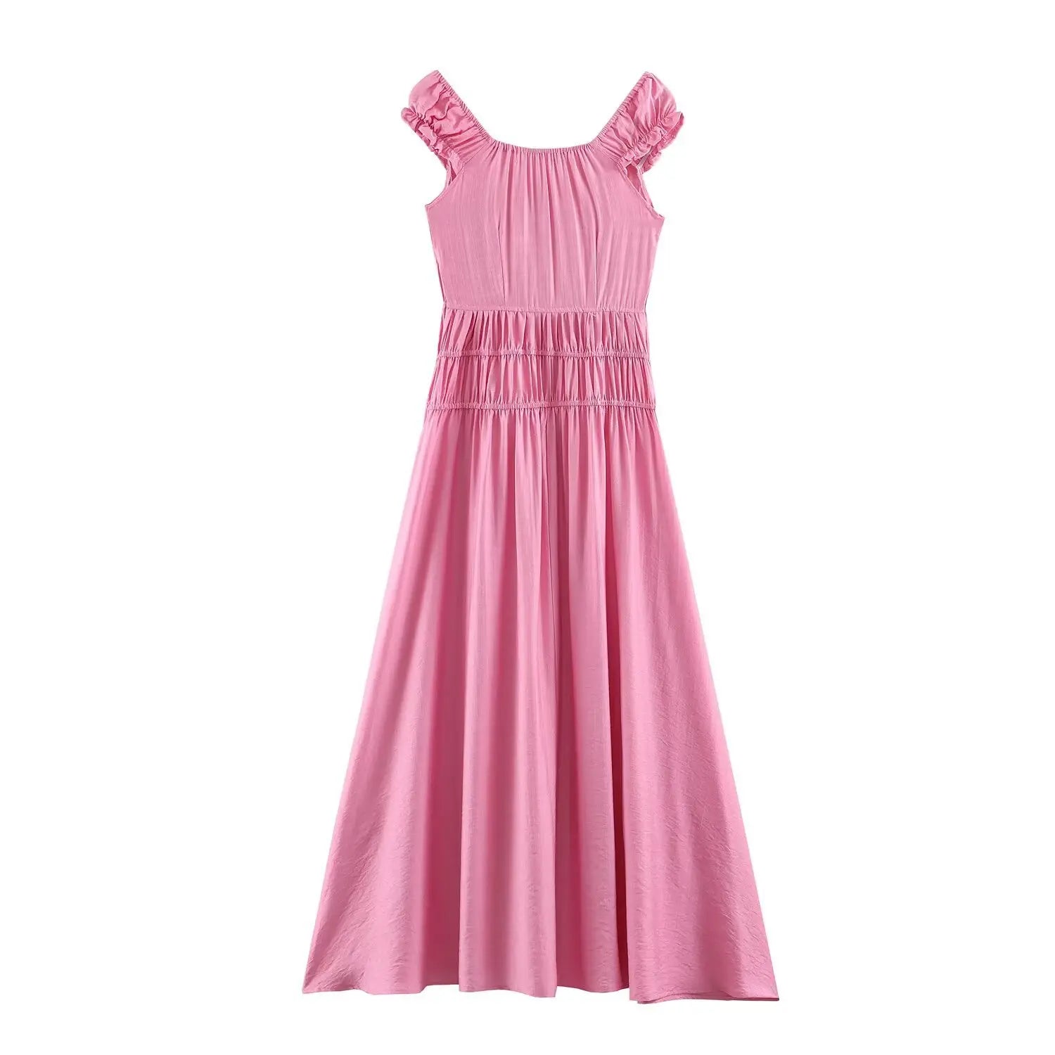 Full flat back view of pink ruffle cap sleeve smocked flowy maxi dress