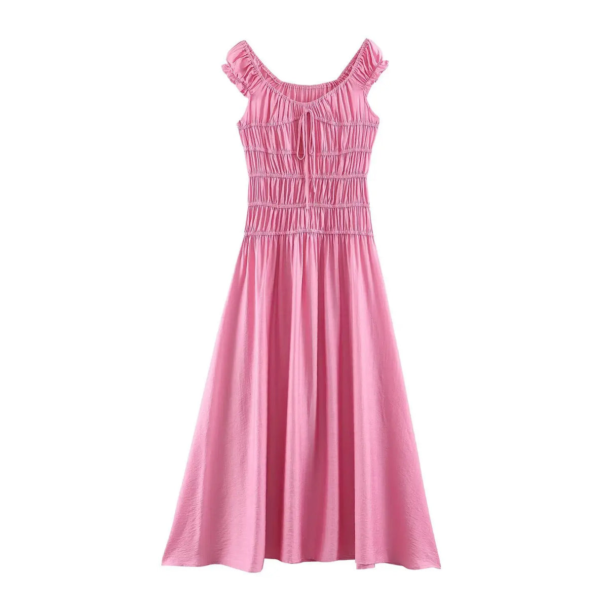Flat lay front view of pink ruffle cap sleeve smocked tie‑front flowy maxi dress
