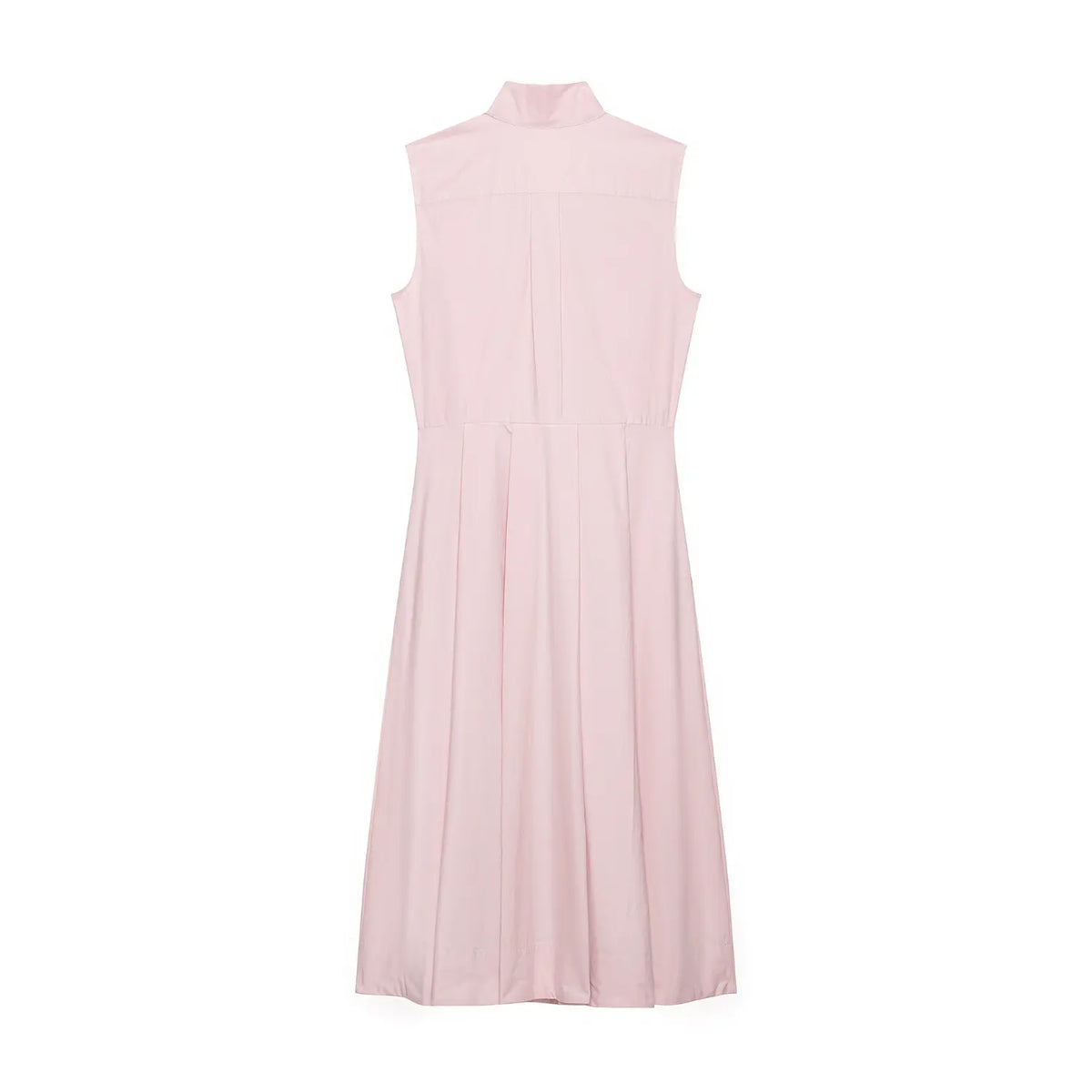 Full flat back view of pink sleeveless bow neck pleated maxi dress