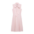Flat lay front view of pink sleeveless bow neck pleated flowy maxi dress