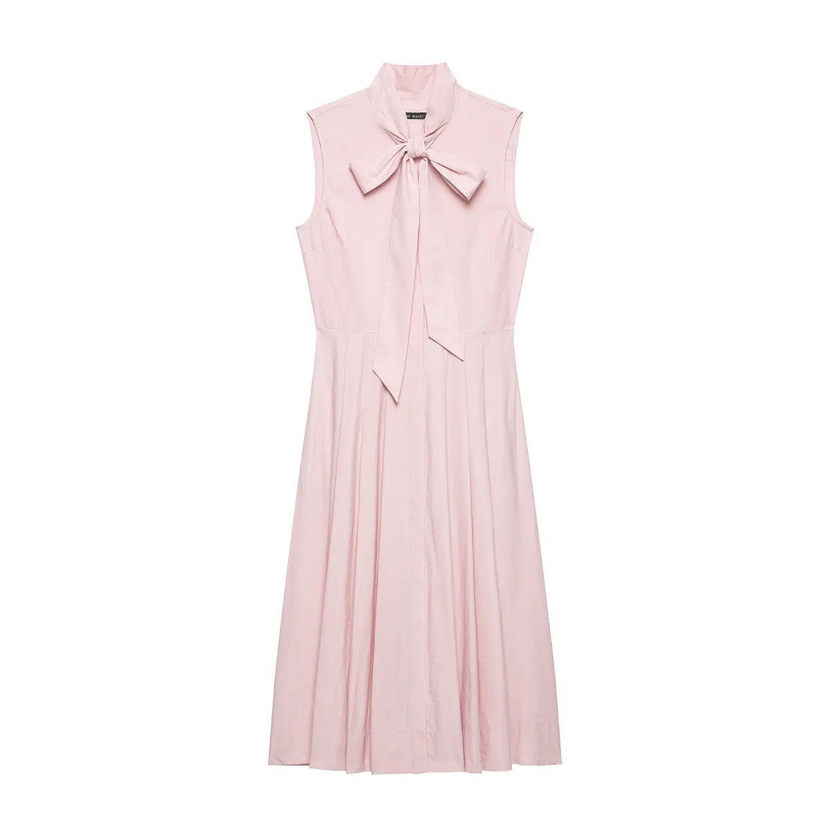 Flat lay front view of pink sleeveless bow neck pleated flowy maxi dress