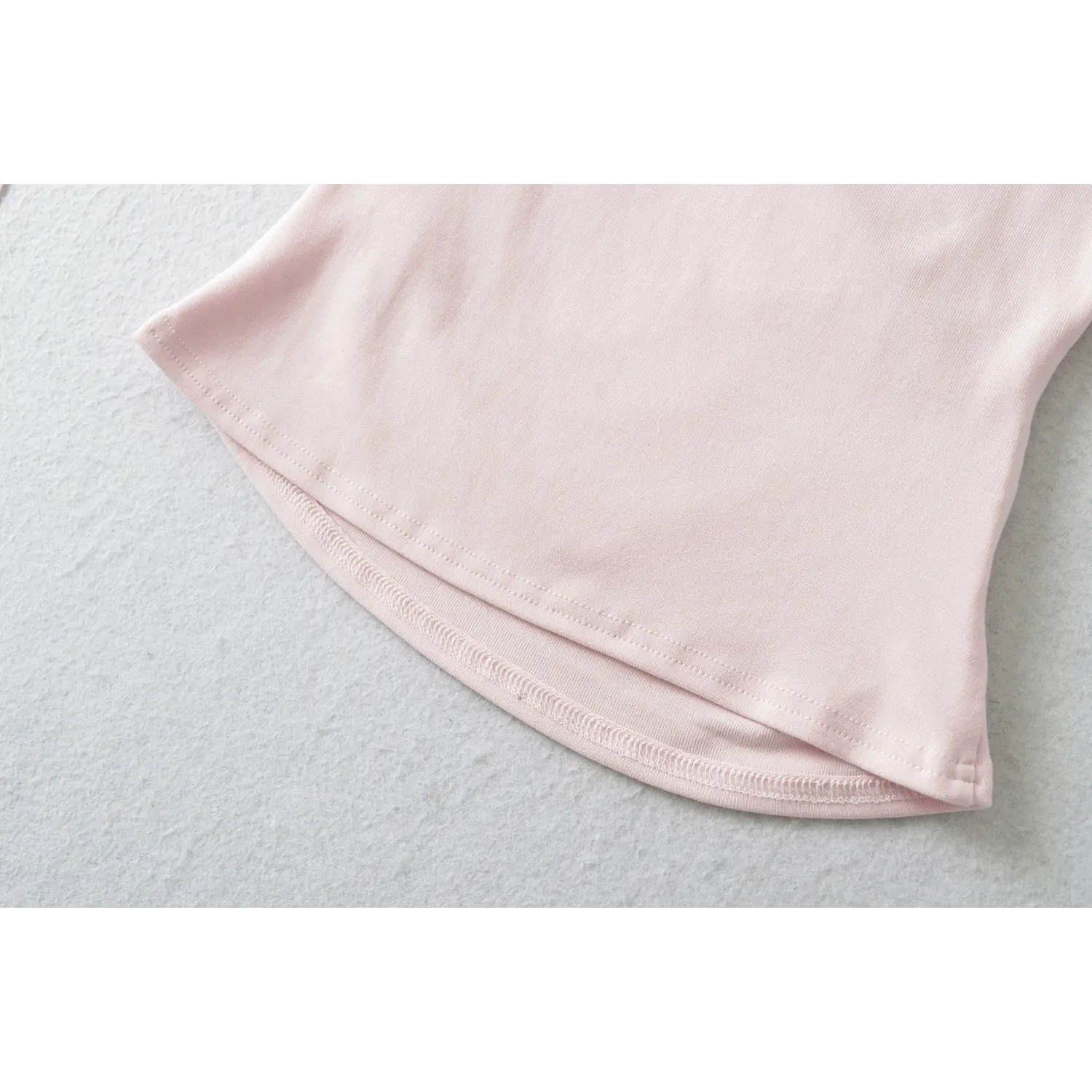 Curved double layer hem stitching detail soft stretch pink off shoulder ruched crop top