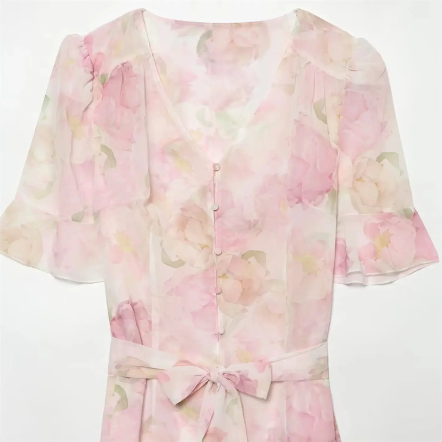Partial front view of v‑neck short sleeve floral maxi dress with waist bow