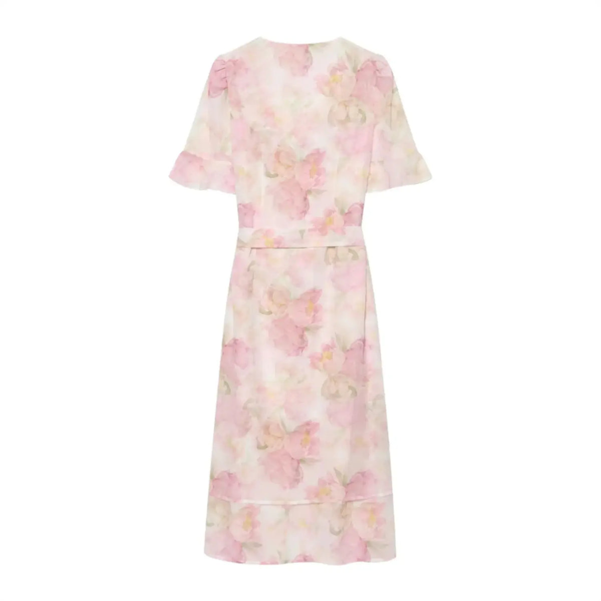 Full flat back view of pink watercolor floral short sleeve maxi dress
