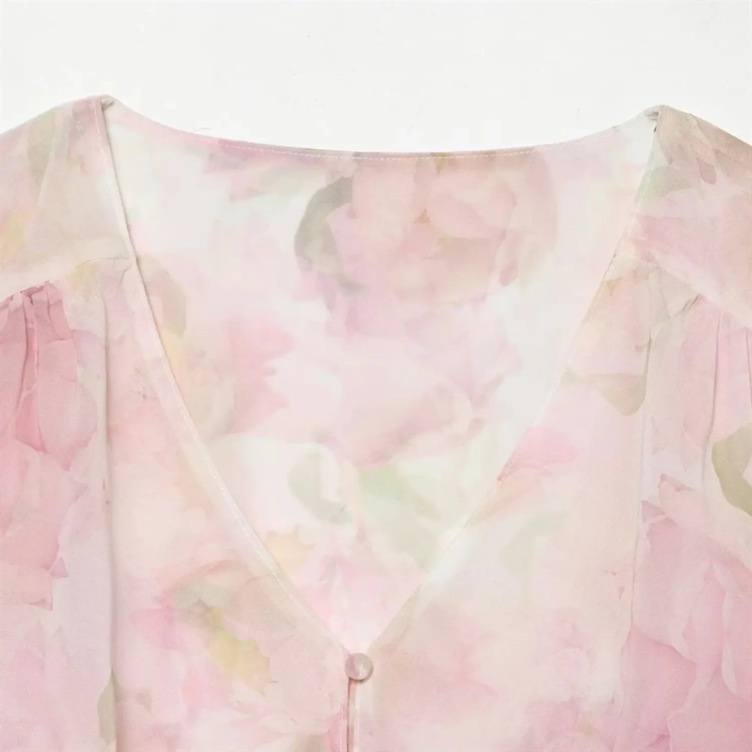 Close‑up of v‑neck collar and floral print fabric