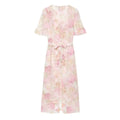 Flat lay front view of pink watercolor floral v‑neck short sleeve maxi dress with waist tie bow
