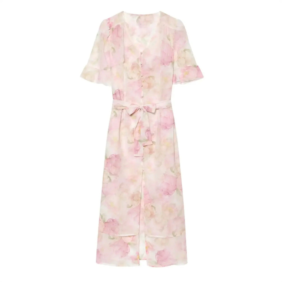 Flat lay front view of pink watercolor floral v‑neck short sleeve maxi dress with waist tie bow