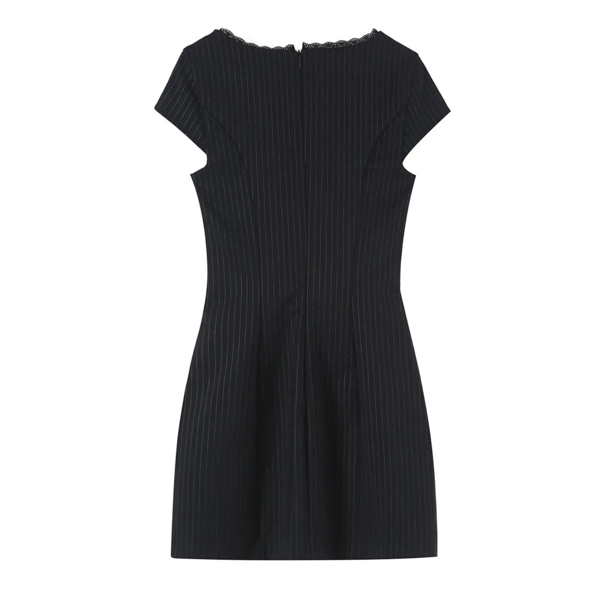 Black pinstripe lace trim bow square neck mini dress, back flat lay