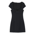 Black pinstripe lace trim bow square neck mini dress, front flat lay