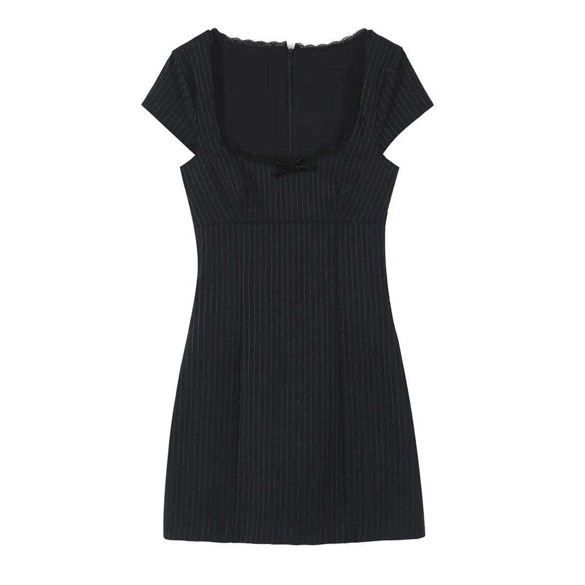 Black pinstripe lace trim bow square neck mini dress, front flat lay