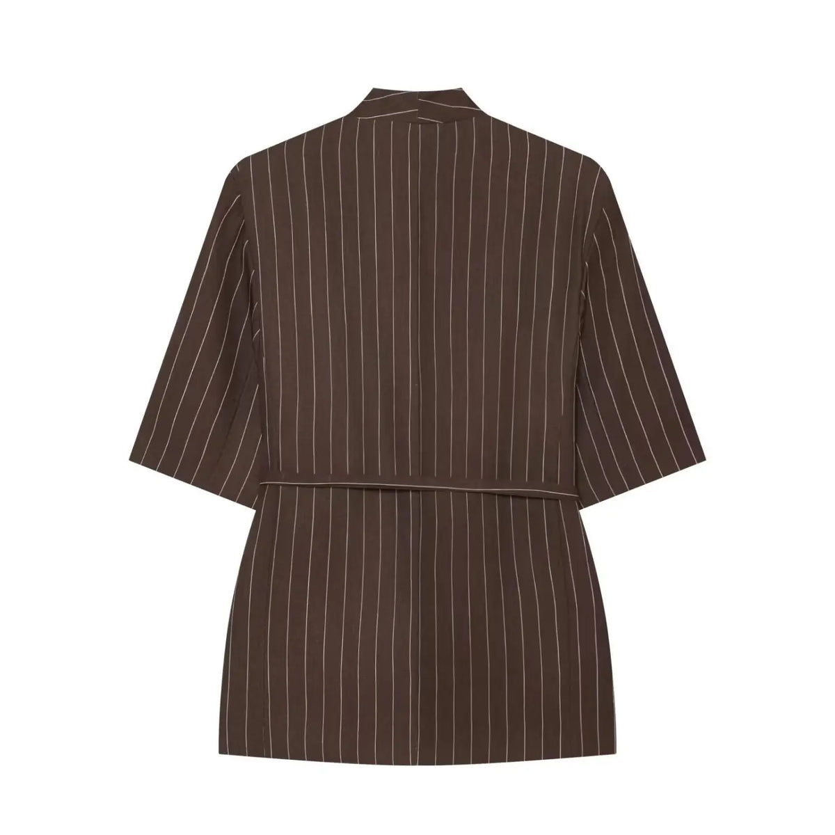 Pinstripe wrap v neck belted blouse, back flat lay