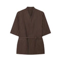 Pinstripe wrap v neck belted blouse, front flat lay