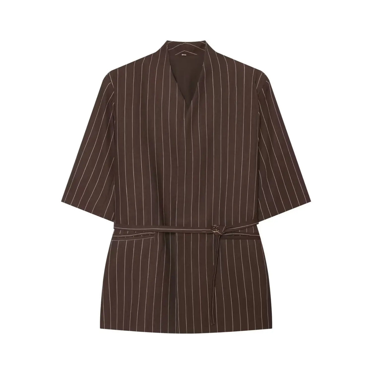 Pinstripe wrap v neck belted blouse, front flat lay