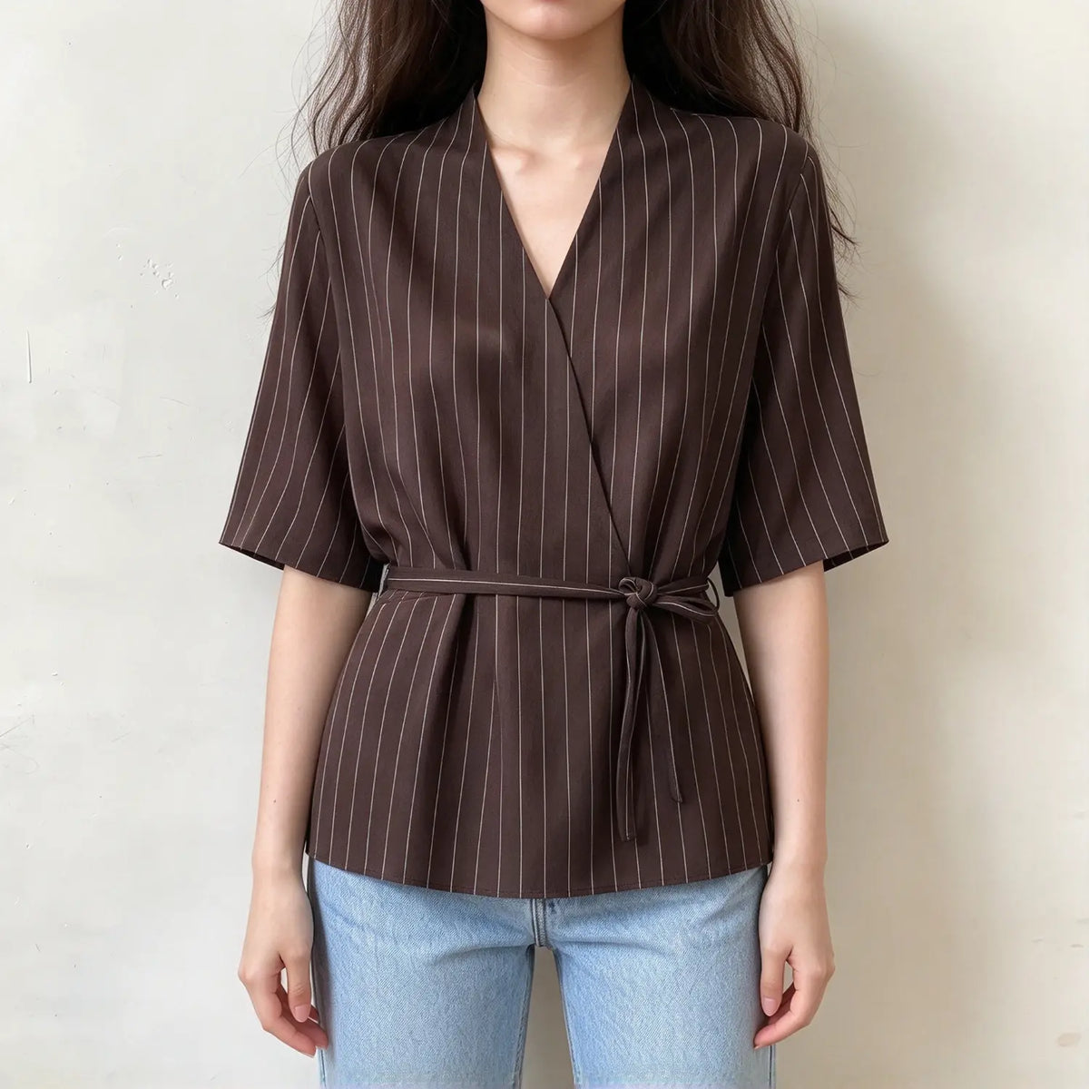 Model wearing pinstripe wrap v neck belted blouse, front view