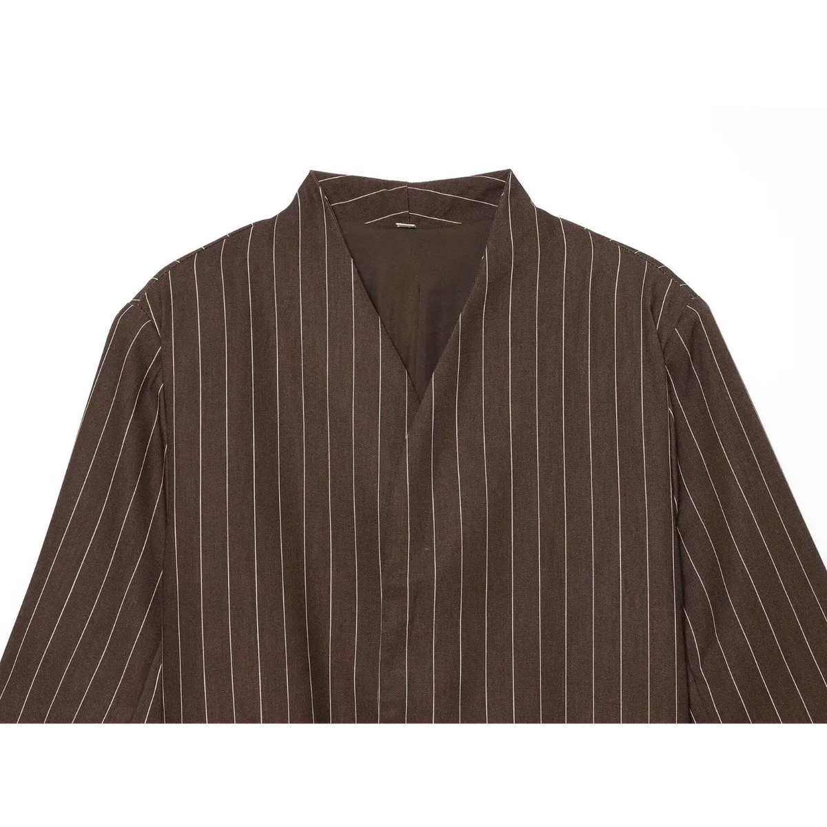 Close-up of wrap v neck and open placket