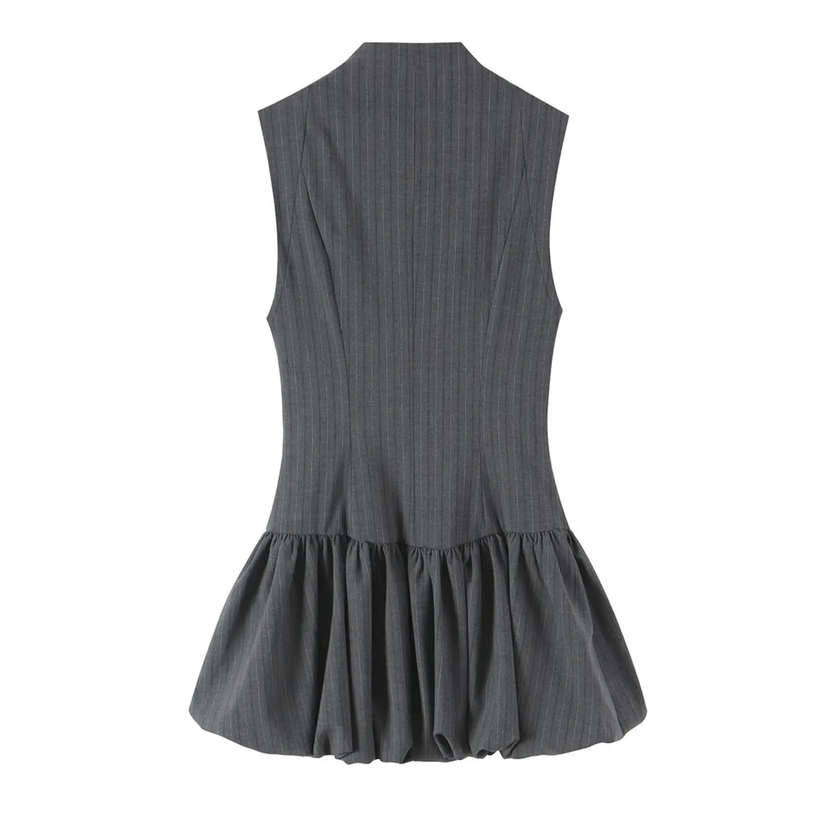Pinstripe zip front stand collar bubble hem dress, back flat lay