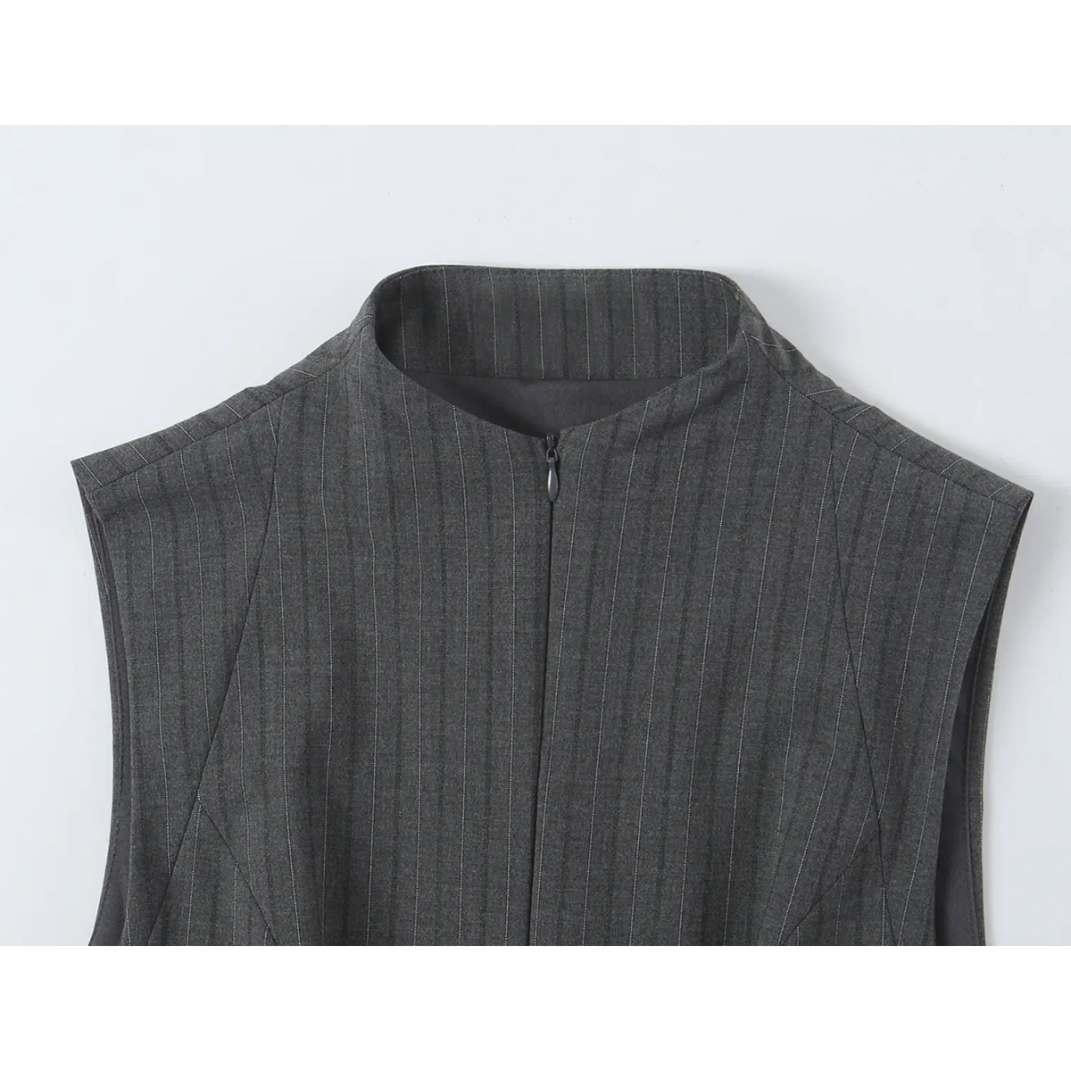 Close-up of stand collar and front zipper pull