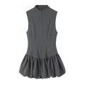 Pinstripe zip front stand collar bubble hem dress, front flat lay