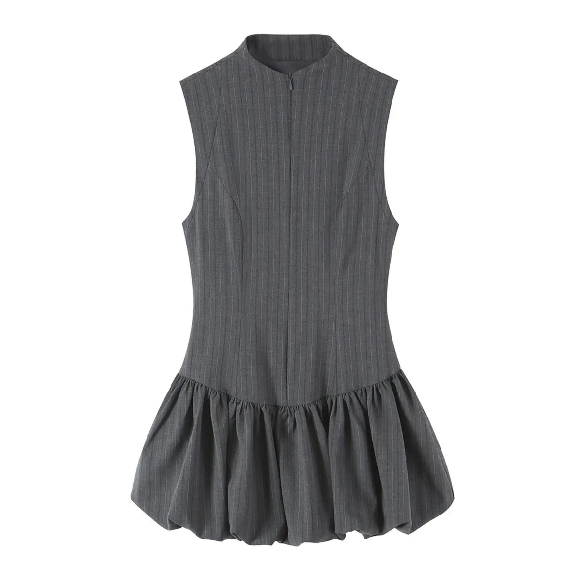 Pinstripe zip front stand collar bubble hem dress, front flat lay
