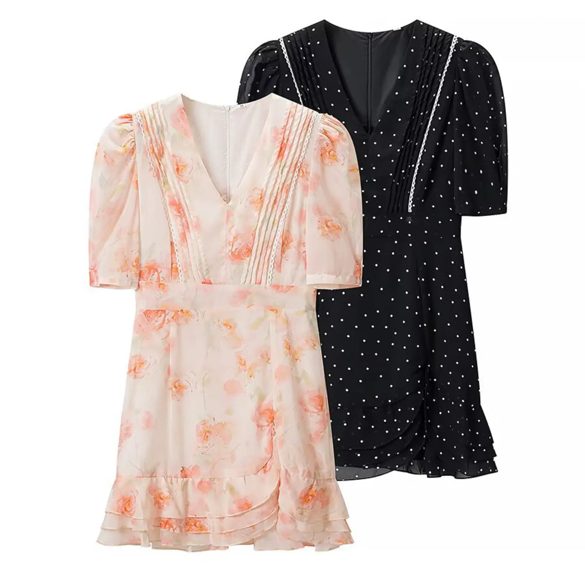 Two colorways of pintuck lace trim ruffle hem mini dress, rose and polka dot