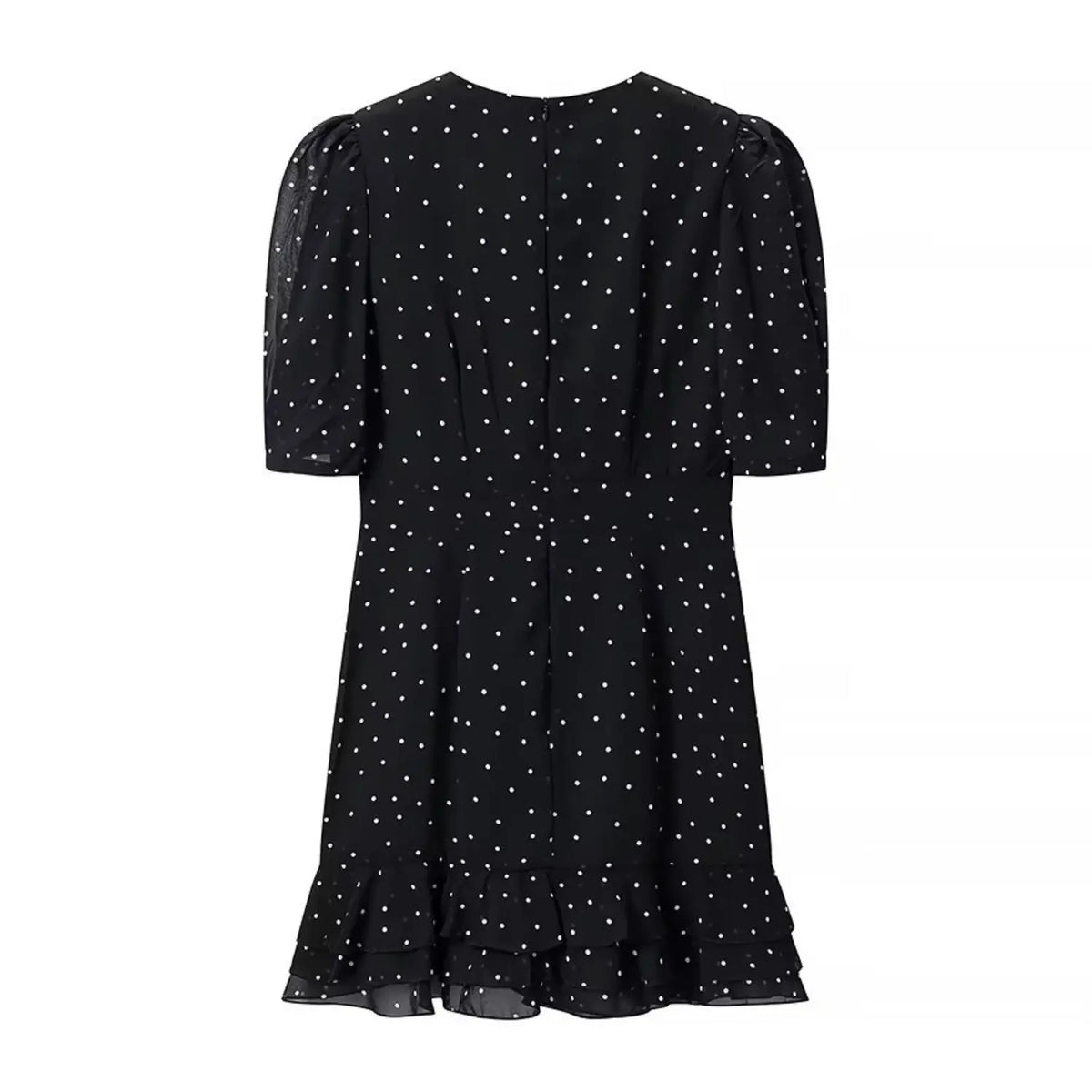 Black white polka dot pintuck lace trim ruffle hem mini dress, back flat lay