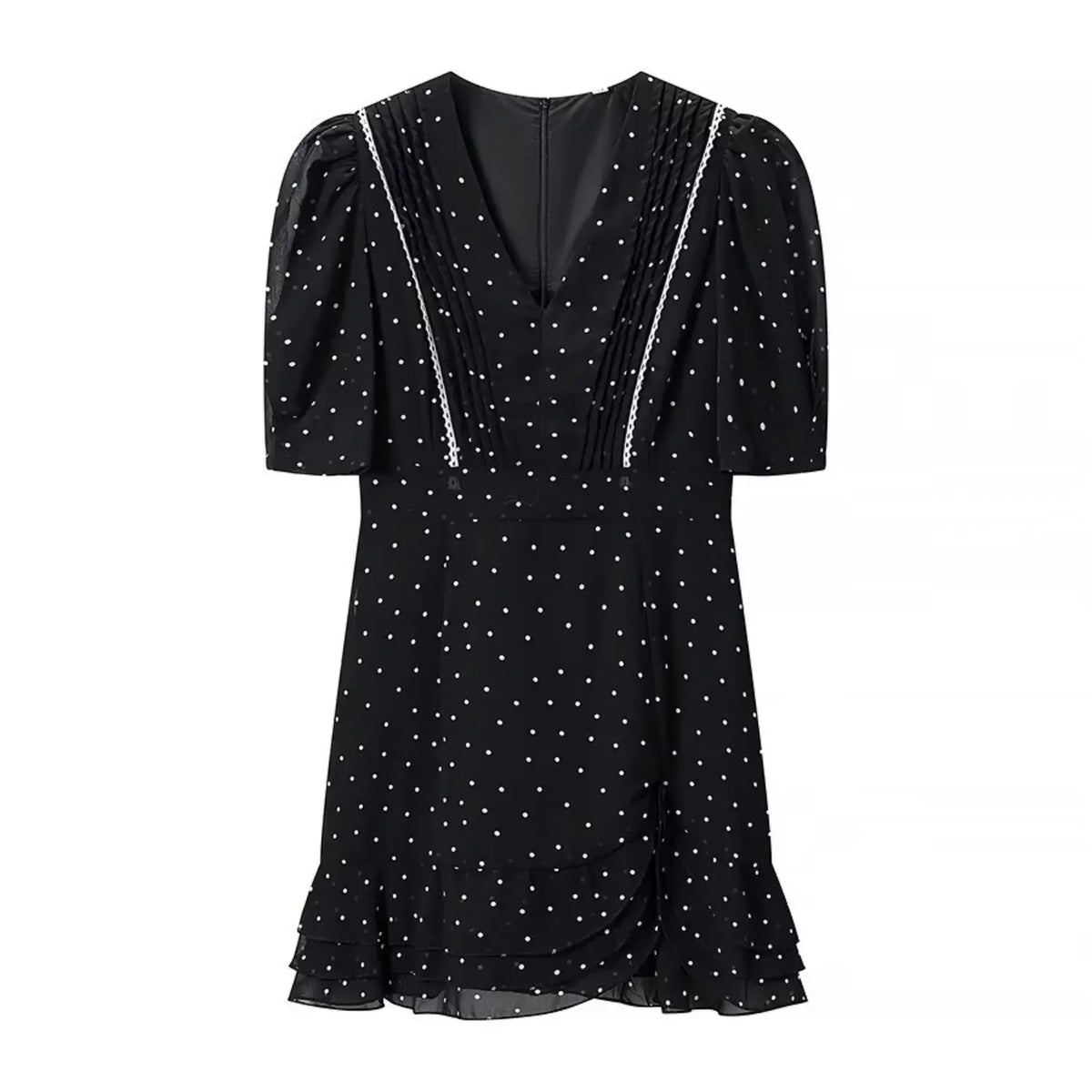 Black white polka dot pintuck lace trim ruffle hem mini dress, front flat lay