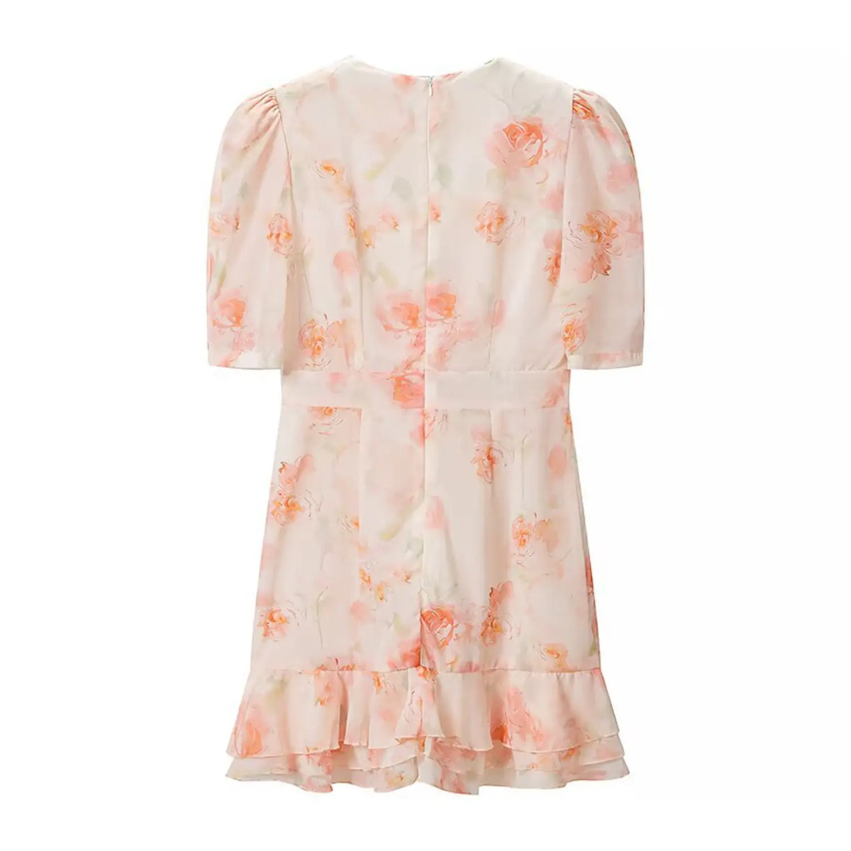 Pink watercolor rose pintuck lace trim ruffle hem mini dress, back flat lay