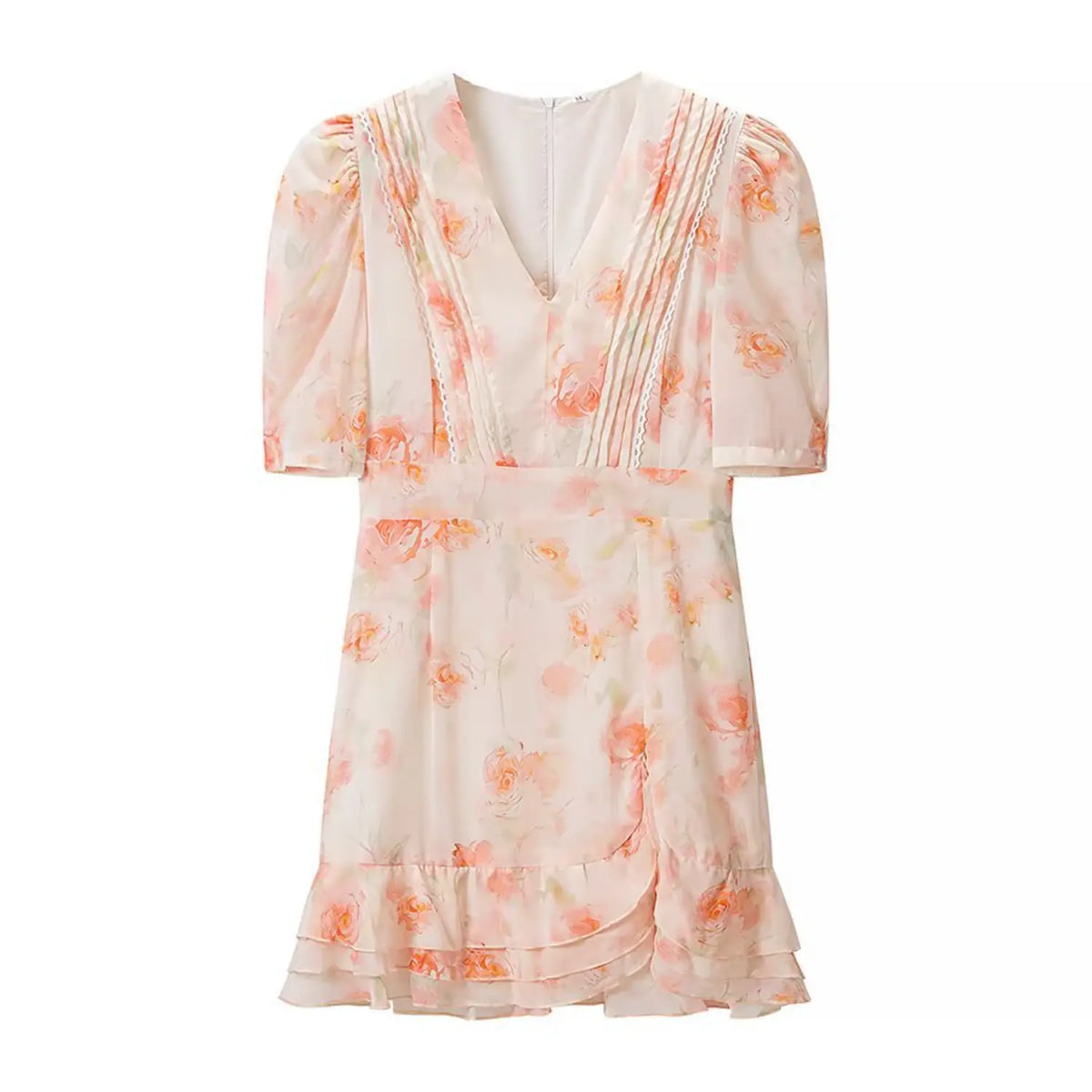 Pink watercolor rose pintuck lace trim ruffle hem mini dress, front flat lay